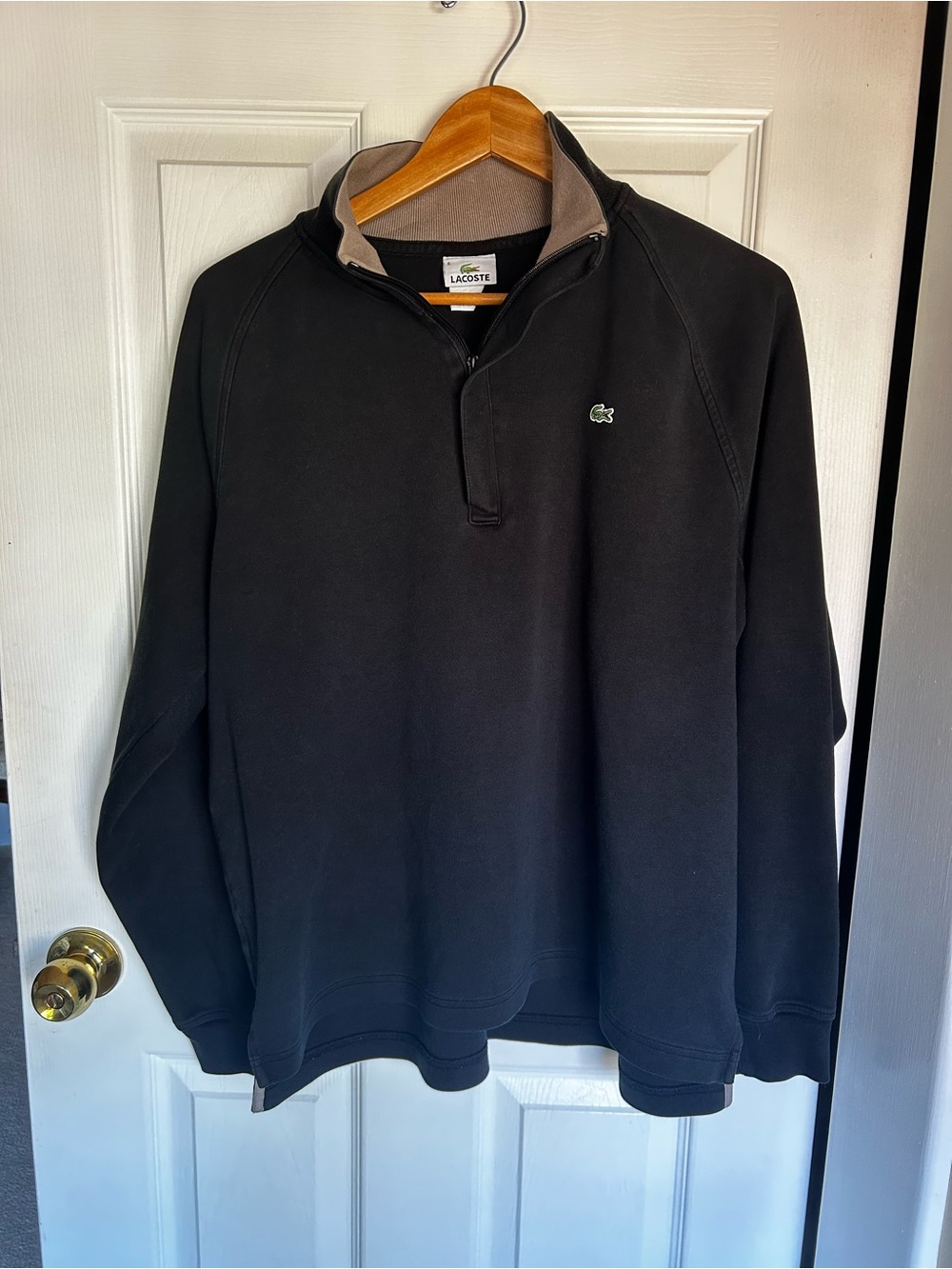 Lacoste Black Quarter-Zip Pullover with Contrast Collar. Size L